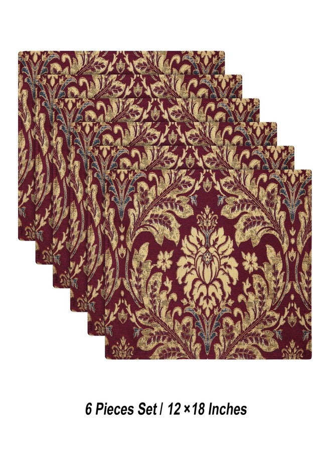 Loom and Mill مجموعة مفارش طاولة فاخرة من الجاكار من لوم آند ميل، 6 قطع، مفارش طاولة دمشقية حمراء بورغندية مانعة للانزلاق لتزيين حفلات المطبخ في أعياد الميلاد، مفارش طاولة طعام متينة وقابلة للغسل (أحمر بورغندي، 12 × 18 بوصة) - Image 3