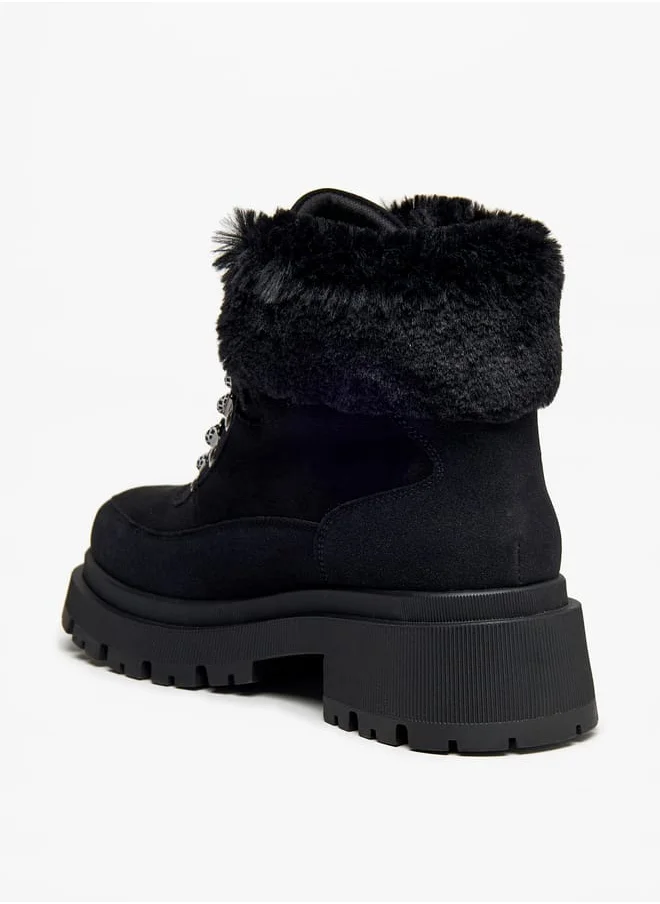 Flora Bella By Shoexpress Women Faux Fur Detail Ankle Boots with Lace-Up Closure