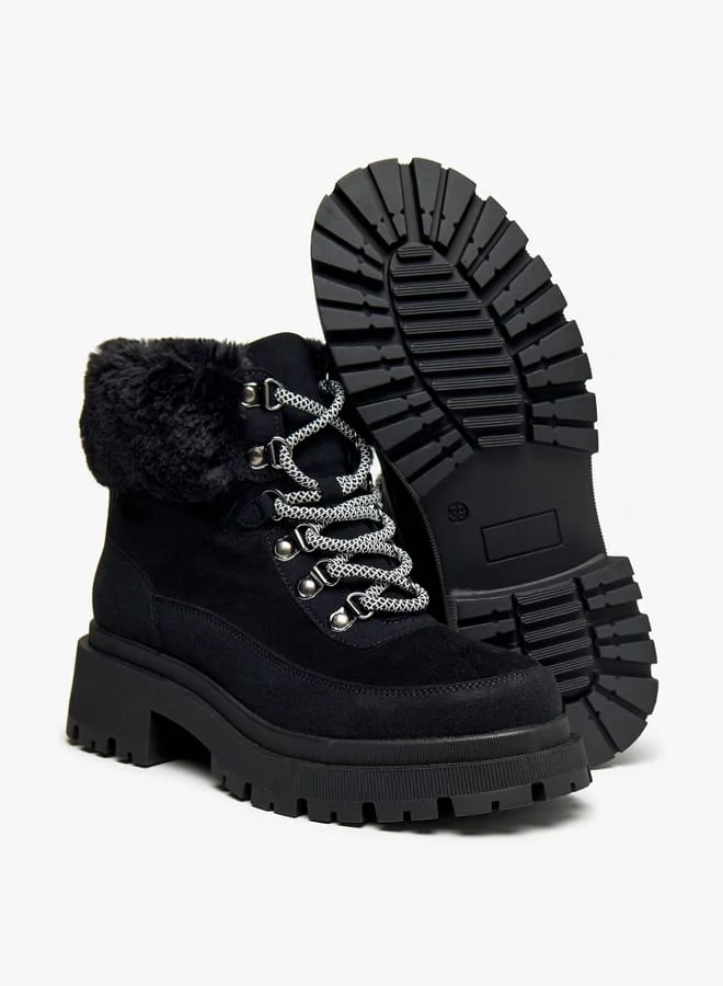 Flora Bella By Shoexpress Women Faux Fur Detail Ankle Boots with Lace-Up Closure