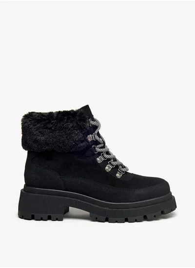 Flora Bella By Shoexpress Women Faux Fur Detail Ankle Boots with Lace-Up Closure