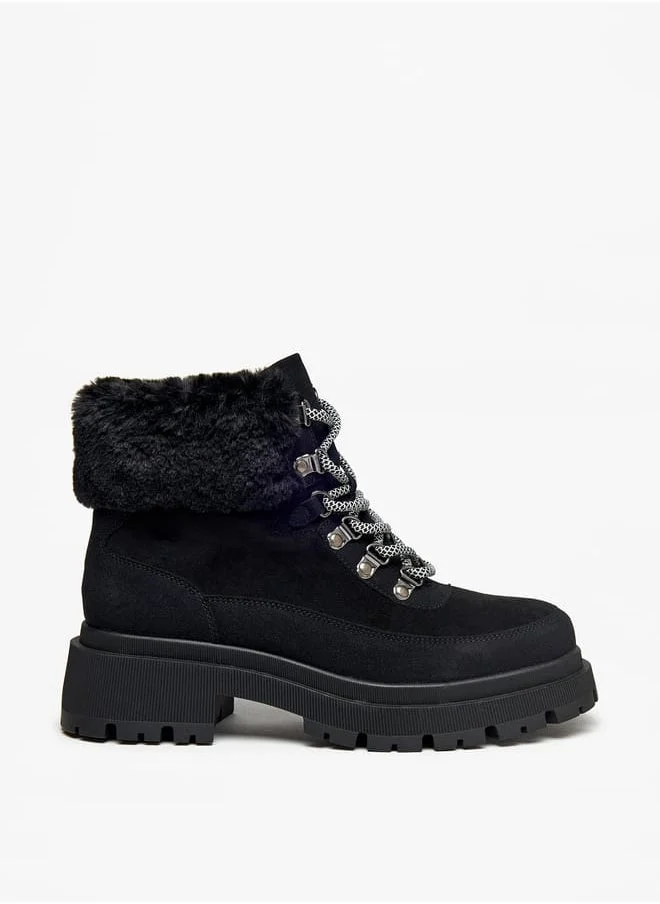 Flora Bella By Shoexpress Women Faux Fur Detail Ankle Boots with Lace-Up Closure