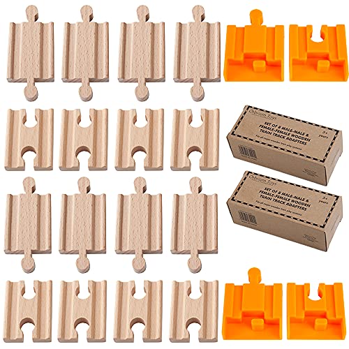 Orbrium 8 + 2 Exclusive Bonus Pcs Wooden Train Track Male-Male Female-Female Adapter Pack Compatible with Thomas Brio Chuggington Wood Track (8 Pcs) (16X Adapters + 4 Connectors to Thiomas Tracks) - Image 1