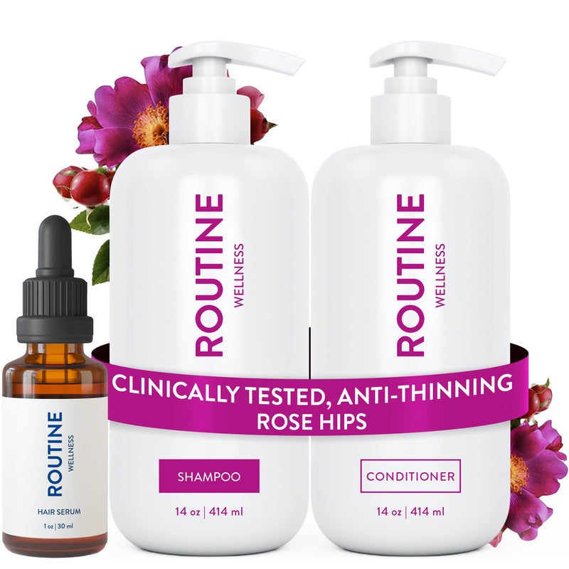 Routine Wellness Shampoo and Conditioner Set and Hair Serum for Stronger Hair - Biotin | Color Safe | Sulfate-Free | Vegan | Clinically Tested | Nourishing Oils and Vitamins - Rose Hips - Image 1