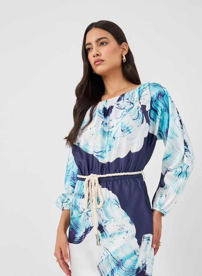 Styli Styli Printed Balloon Sleeves Mermaid Hem Maxi Dress
