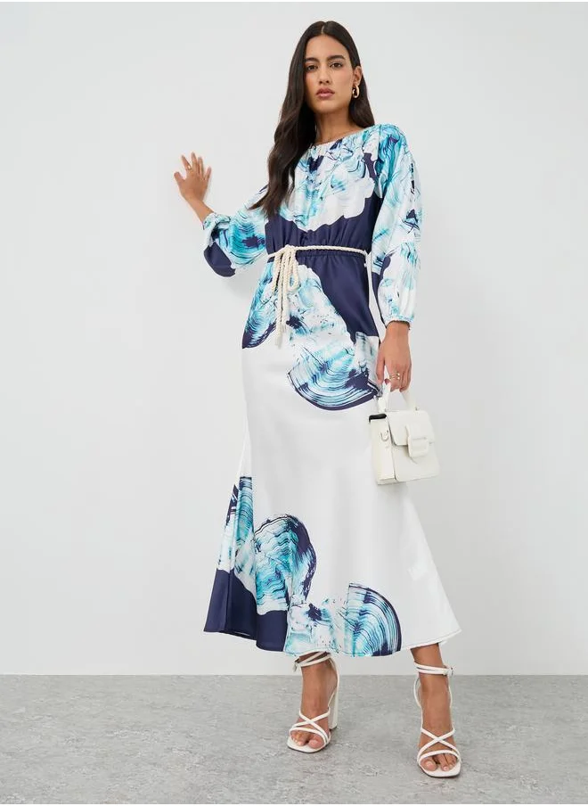 Styli Styli Printed Balloon Sleeves Mermaid Hem Maxi Dress