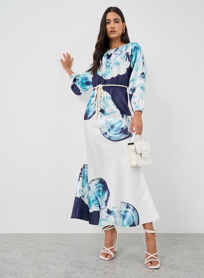 Styli Printed Balloon Sleeves Mermaid Hem Maxi Dress - Image 1