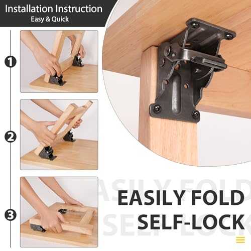 Spiglamm 4 Pack Folding Brackets, Self-Lock Hinge with Screws for Folding Table Legs, Lock Extension Support Bracket Bed Legs, Black - Image 3