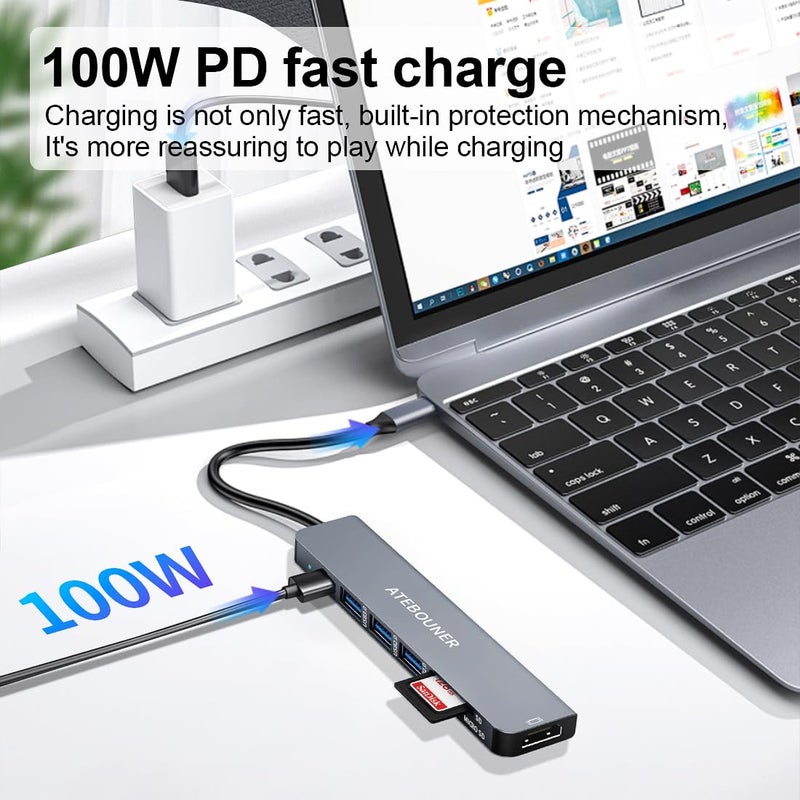 ATEBOUNER محول ماك بوك متعدد المنافذ USB C هاب محول متعدد المنافذ محول USB ماك بوك هاب USB C 7 في 1 دونجل USB C مع HDMI 4K 100 واط PD هاب USB 3.0 مع قارئ بطاقة SD هاب USB C محول USB لماك بوك إير - Image 3