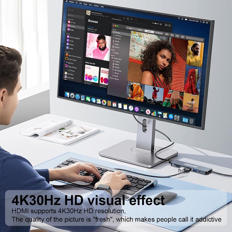 ATEBOUNER محول ماك بوك متعدد المنافذ USB C هاب محول متعدد المنافذ محول USB ماك بوك هاب USB C 7 في 1 دونجل USB C مع HDMI 4K 100 واط PD هاب USB 3.0 مع قارئ بطاقة SD هاب USB C محول USB لماك بوك إير - Image 2