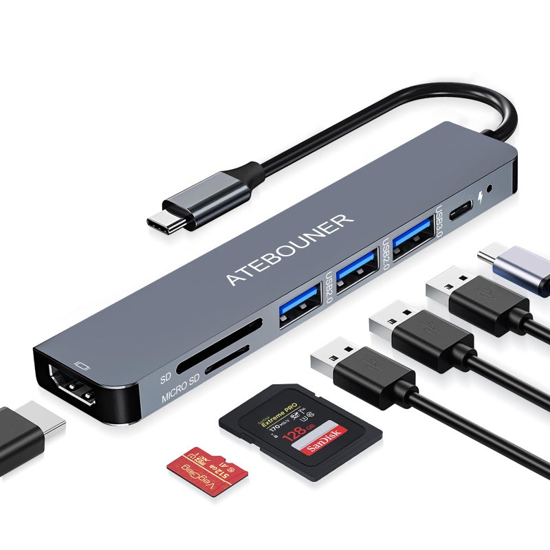ATEBOUNER محول ماك بوك متعدد المنافذ USB C هاب محول متعدد المنافذ محول USB ماك بوك هاب USB C 7 في 1 دونجل USB C مع HDMI 4K 100 واط PD هاب USB 3.0 مع قارئ بطاقة SD هاب USB C محول USB لماك بوك إير - Image 1