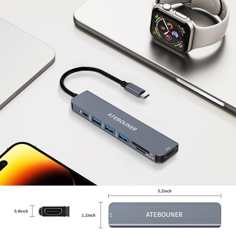 ATEBOUNER محول ماك بوك متعدد المنافذ USB C هاب محول متعدد المنافذ محول USB ماك بوك هاب USB C 7 في 1 دونجل USB C مع HDMI 4K 100 واط PD هاب USB 3.0 مع قارئ بطاقة SD هاب USB C محول USB لماك بوك إير - Image 5
