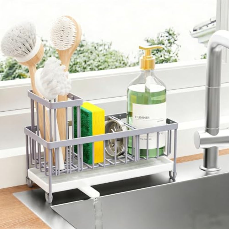 Sponge Holder for Kitchen Sink, Sink Caddy Organizer with High Brush Holder, Kitchen Countertop Organizers and Storage Essentials, Rustproof 304 Stainless Steel Black, 9.25″