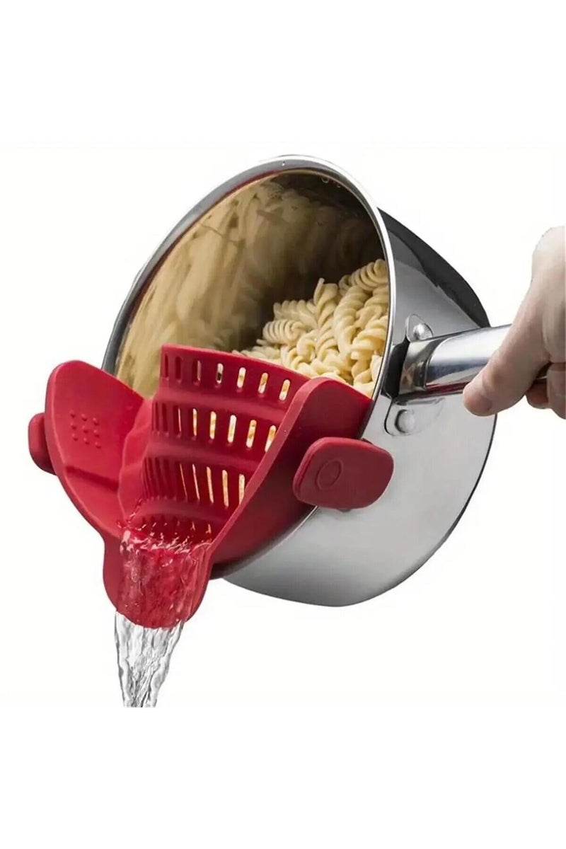 مصفاة سيليكون قابلة للتعديل، قطعة واحدة، حمراء اللون، بمشبك، للأواني والمقالي والأطباق - مصفاة يدوية للمعكرونة