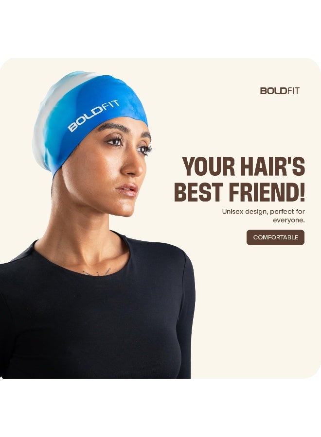 BOLDFIT قبعة سباحة للرجال قبعات سباحة سيليكون للنساء قبعة سباحة للجنسين للأطفال الأولاد والبنات قبعة سباحة للنساء ذوات الشعر الطويل قبعة رأس سباحة للرجال من قماش السيليكون، سهلة التركيب - أبيض أزرق - Image 3