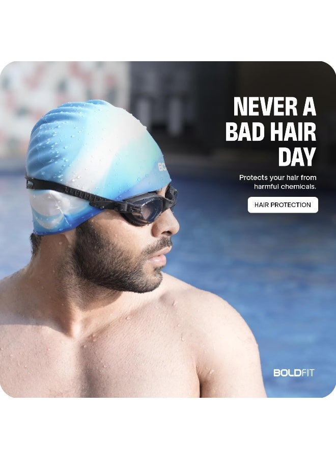 BOLDFIT قبعة سباحة للرجال قبعات سباحة سيليكون للنساء قبعة سباحة للجنسين للأطفال الأولاد والبنات قبعة سباحة للنساء ذوات الشعر الطويل قبعة رأس سباحة للرجال من قماش السيليكون، سهلة التركيب - أبيض أزرق - Image 2