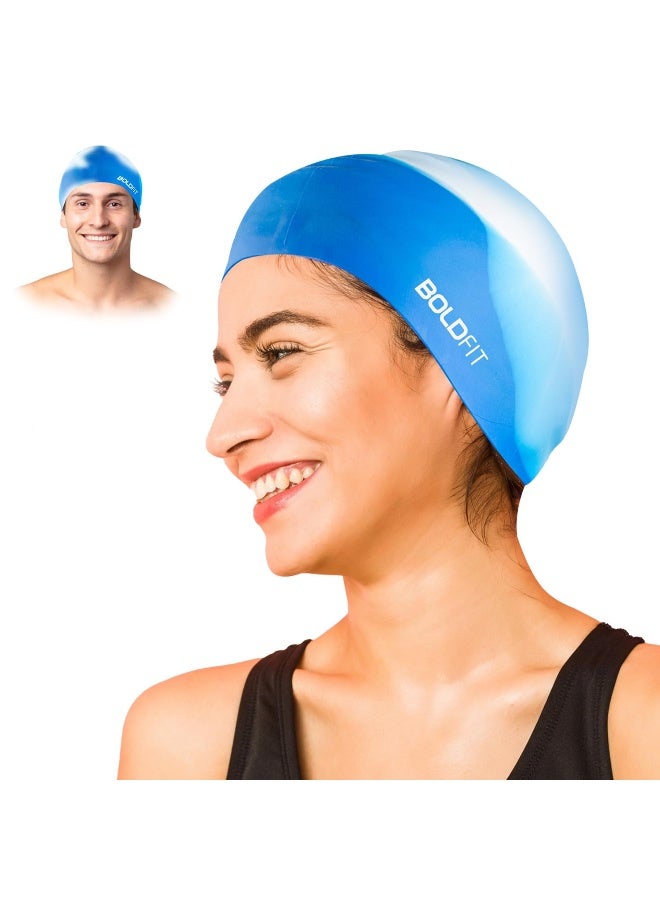 BOLDFIT قبعة سباحة للرجال قبعات سباحة سيليكون للنساء قبعة سباحة للجنسين للأطفال الأولاد والبنات قبعة سباحة للنساء ذوات الشعر الطويل قبعة رأس سباحة للرجال من قماش السيليكون، سهلة التركيب - أبيض أزرق - Image 1