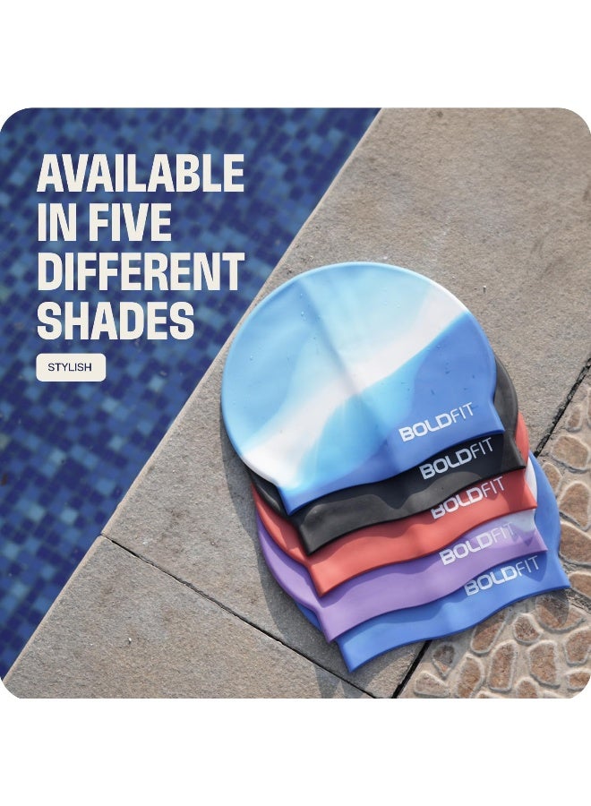 BOLDFIT قبعة سباحة للرجال قبعات سباحة سيليكون للنساء قبعة سباحة للجنسين للأطفال الأولاد والبنات قبعة سباحة للنساء ذوات الشعر الطويل قبعة رأس سباحة للرجال من قماش السيليكون، سهلة التركيب - أبيض أزرق - Image 4