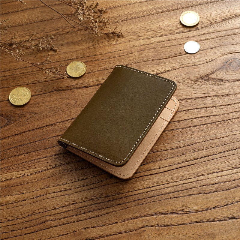 Vintage Handmade Ultra Thin Genuine Leather Card Holder, Vegetable Tanned Cowhide Bi Fold Wallet, Multifunctional for Bank Cards and Driving License, Unisex - Image 1