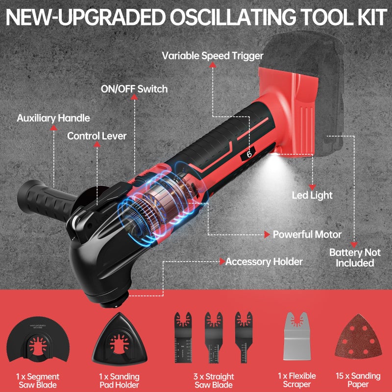 Samvinor Cordless Oscillating Tool for Milwaukee 18V Battery(No Battery), 6 Variable Speed Brushless-Motor Tool, 22Pcs Multi Tool Kit, Oscillating Saw for Scraping, Sanding, Cutting Wood - Image 5