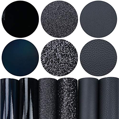 Litchi 6 Pack 8x12 Inch Faux Leather Sheets for Bow Earring, Easy to Cut Vinyl Fabric for Cricut, Durable Fade Resistant Leatherette Without Smell, Black - Image 1