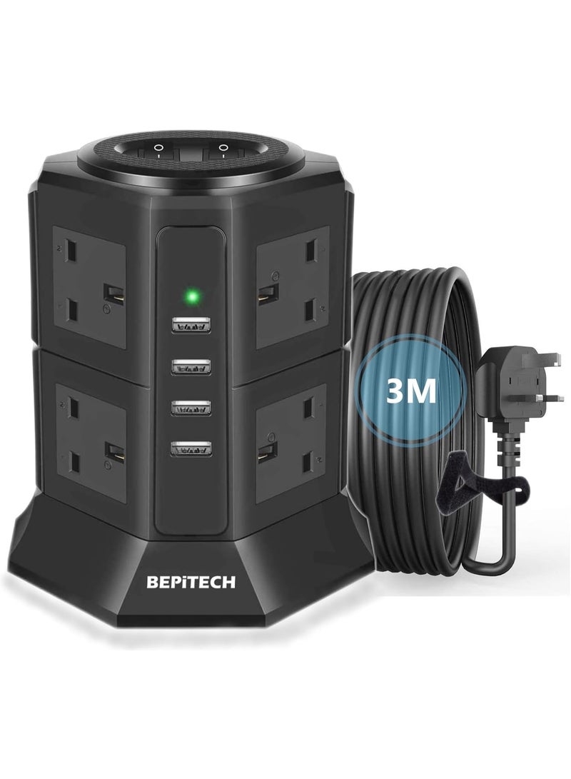 BEPiTECH 12-in-1 Power Tower Extension Cord with 3M Cable, 8 UK-UAE Sockets, 4 USB-A 22W Charging Ports, Surge-Protected Extension Lead, Power Outlet Strip for Large Plugs, Ideal for Office & Home - Image 1