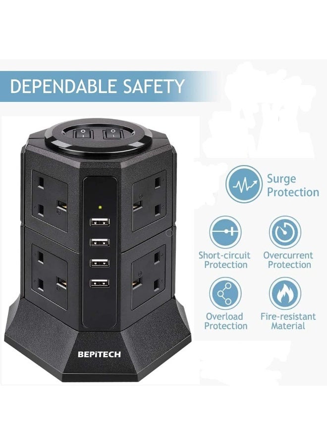 BEPiTECH 12-in-1 Power Tower Extension Cord with 3M Cable, 8 UK-UAE Sockets, 4 USB-A 22W Charging Ports, Surge-Protected Extension Lead, Power Outlet Strip for Large Plugs, Ideal for Office & Home - Image 4