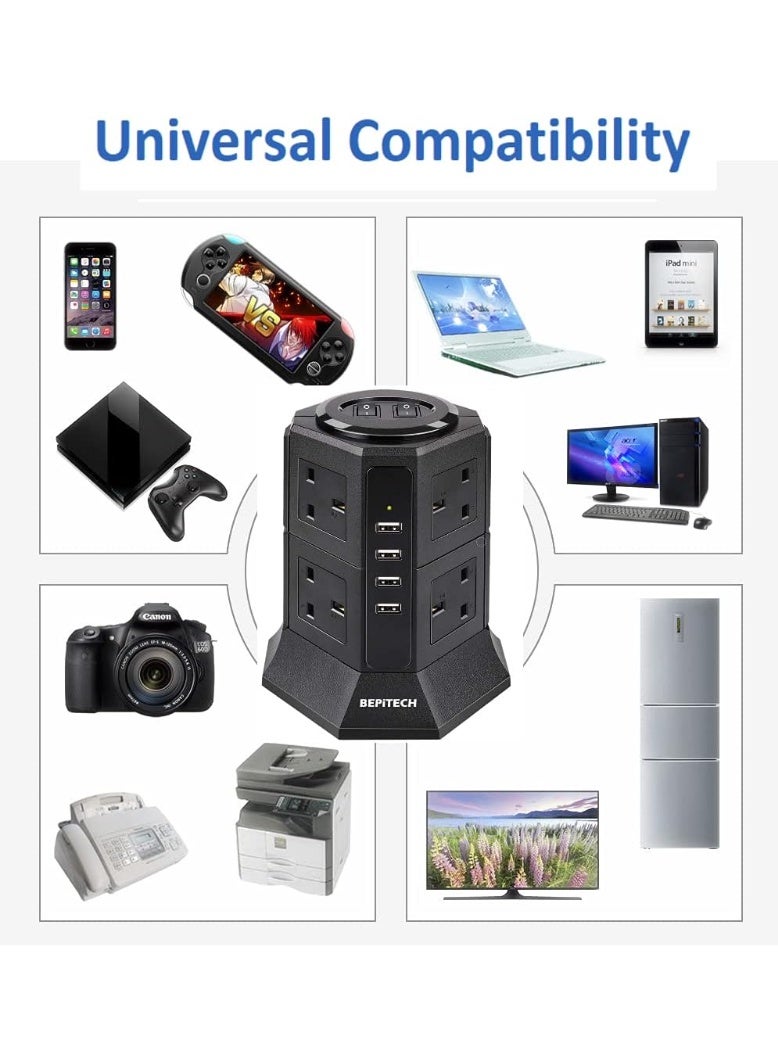 BEPiTECH 12-in-1 Power Tower Extension Cord with 3M Cable, 8 UK-UAE Sockets, 4 USB-A 22W Charging Ports, Surge-Protected Extension Lead, Power Outlet Strip for Large Plugs, Ideal for Office & Home - Image 3