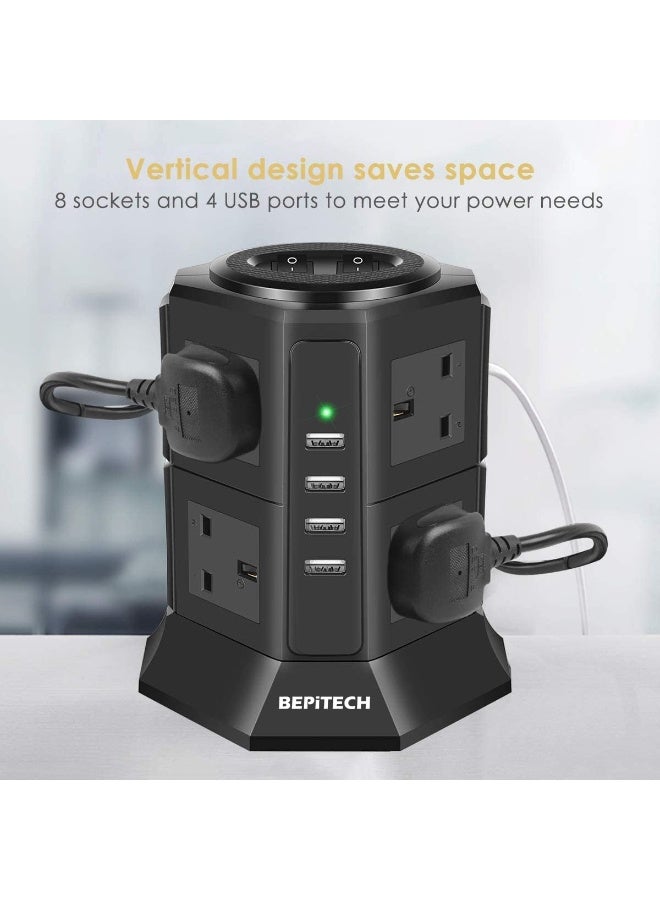 BEPiTECH 12-in-1 Power Tower Extension Cord with 3M Cable, 8 UK-UAE Sockets, 4 USB-A 22W Charging Ports, Surge-Protected Extension Lead, Power Outlet Strip for Large Plugs, Ideal for Office & Home - Image 5