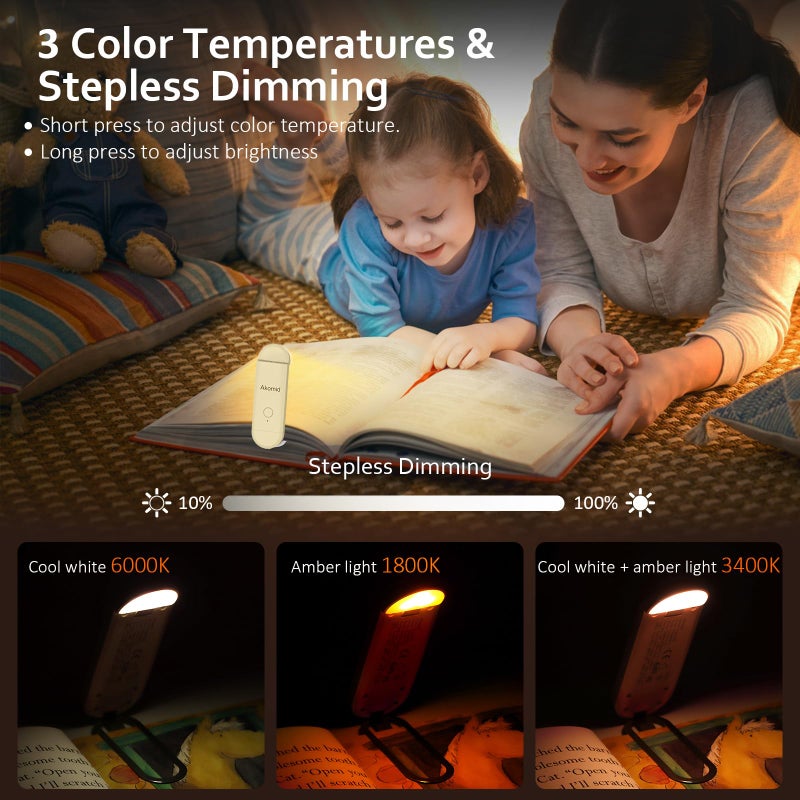 Akomid USB Rechargeable Book Light for Reading in Bed, 8 LEDs Bookmark Style Clip on, Eye-Cared Amber Light Mode for Kids, Blue Light Blocking, Stepless Dimming,Khaki - Image 5