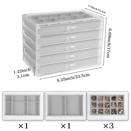 GUOER 5 Drawers Clear Jewelry Box for Women and Girls, Acrylic Earring Holder Organizer Ring Holder Display Storage, Gray - Image 4