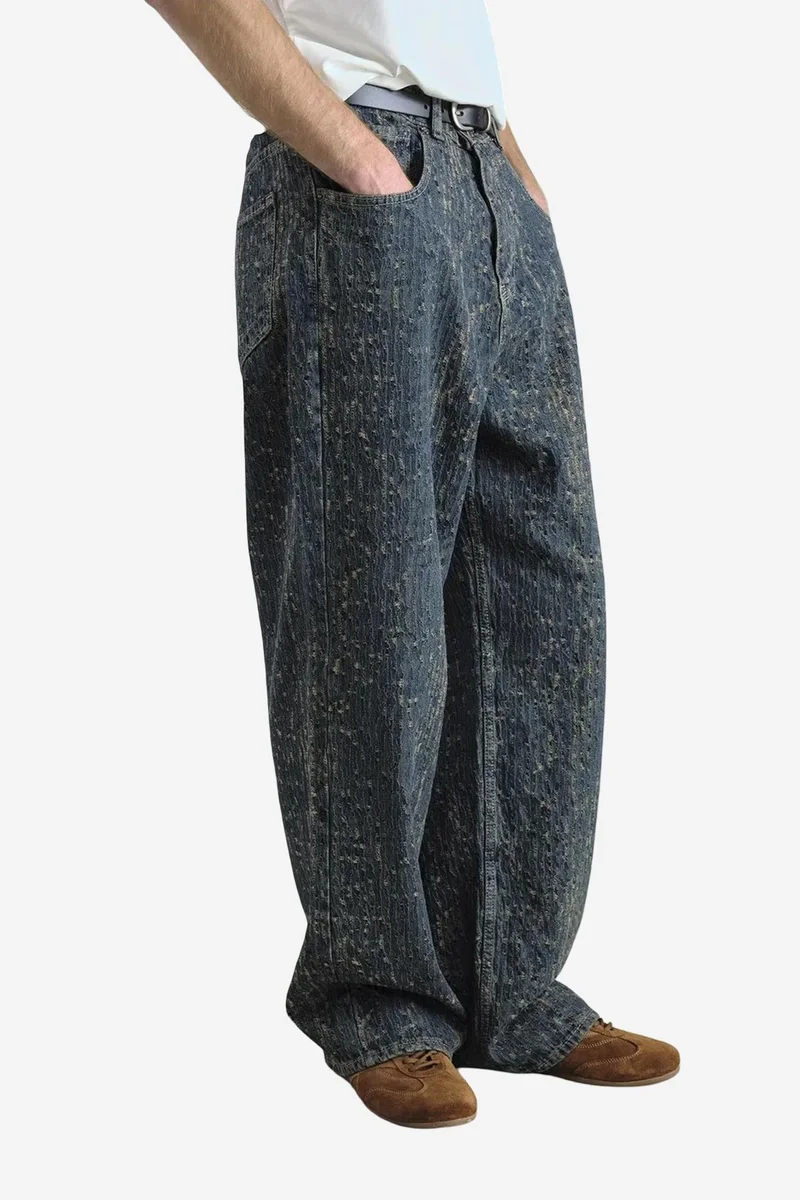 Giesto Navy Blue GIESTO Baggy Fit Textured Denim Jeans for Men | Best Price UAE