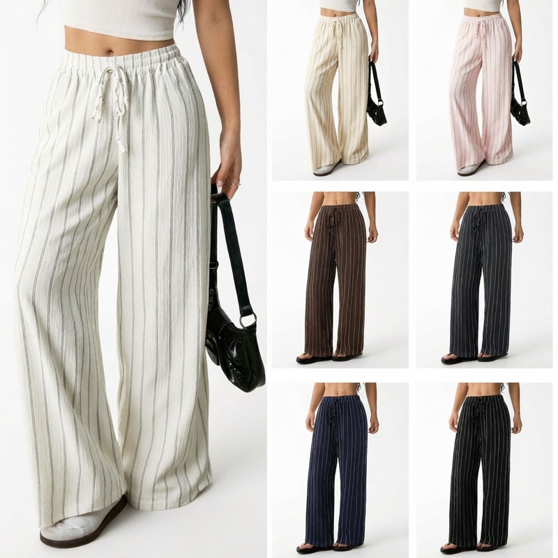 Casual Loose Drawstring Elastic Waist Contrast Stripe Wide Leg Pants - Image 1