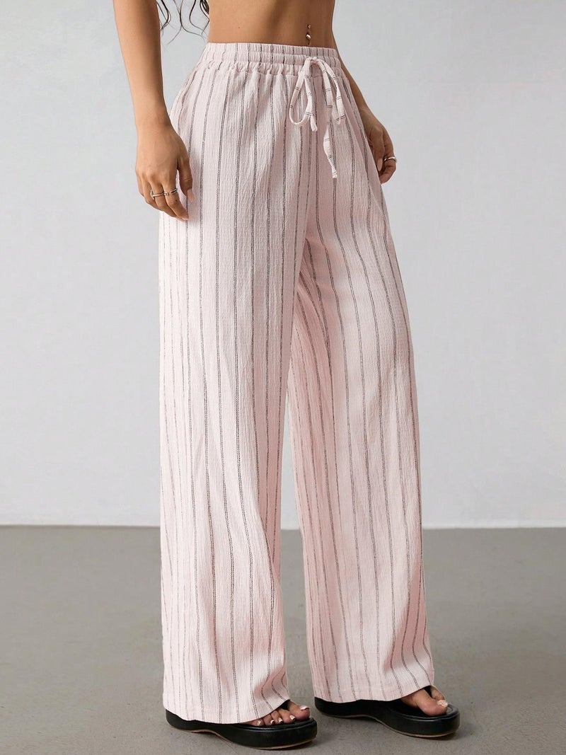 Casual Loose Drawstring Elastic Waist Contrast Stripe Wide Leg Pants - Image 2