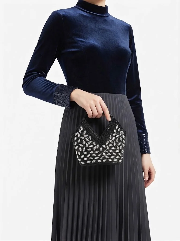 Viny black Viny Women's Crystal Beaded Clutch Bag – Triangular Cut-Out Handle with Detachable Chain Strap for Women | Best Price UAE
