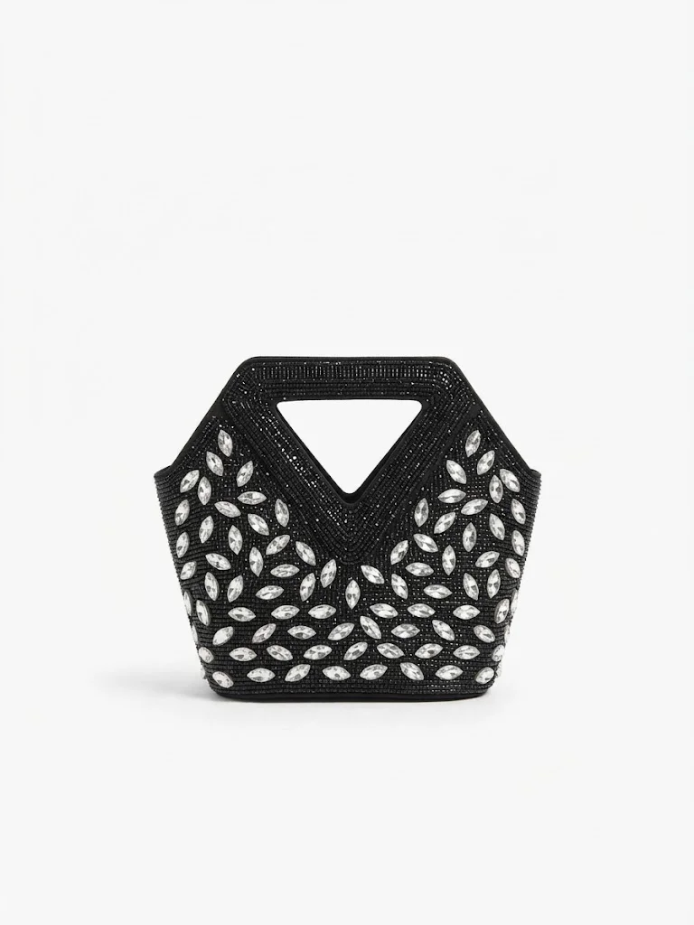Viny Women's Crystal Beaded Clutch Bag – Triangular Cut-Out Handle with Detachable Chain Strap