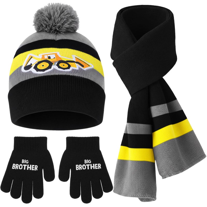 Cutecrop 3 Set Excavator Kids Toddlers Winter Knit Hat Scarf Gloves Set for Boys Girls Age 4-7 Pompom Hat Mittens Scarves - Image 1