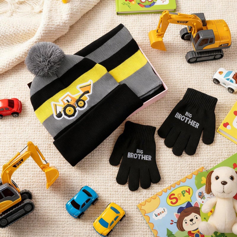 Cutecrop 3 Set Excavator Kids Toddlers Winter Knit Hat Scarf Gloves Set for Boys Girls Age 4-7 Pompom Hat Mittens Scarves - Image 5
