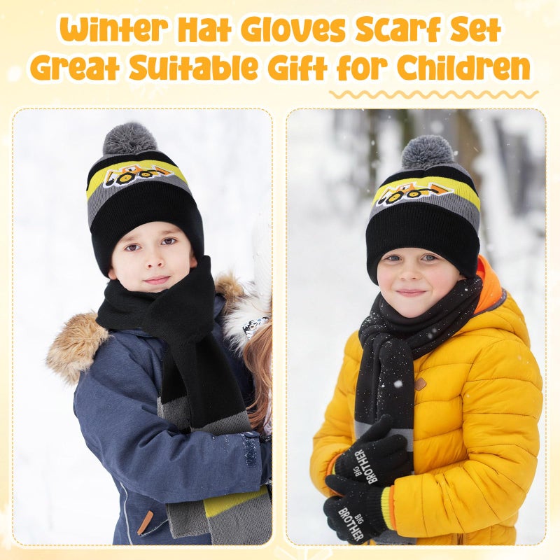 Cutecrop 3 Set Excavator Kids Toddlers Winter Knit Hat Scarf Gloves Set for Boys Girls Age 4-7 Pompom Hat Mittens Scarves - Image 4