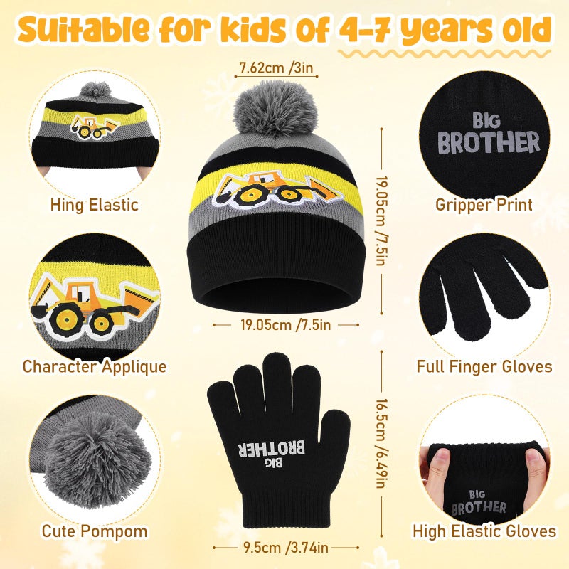 Cutecrop 3 Set Excavator Kids Toddlers Winter Knit Hat Scarf Gloves Set for Boys Girls Age 4-7 Pompom Hat Mittens Scarves - Image 2