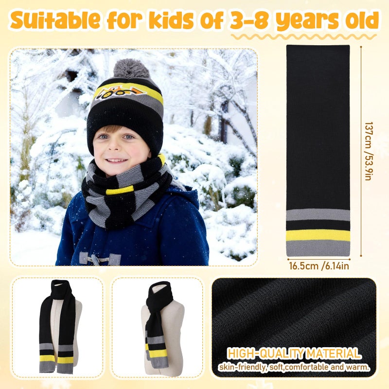 Cutecrop 3 Set Excavator Kids Toddlers Winter Knit Hat Scarf Gloves Set for Boys Girls Age 4-7 Pompom Hat Mittens Scarves - Image 3