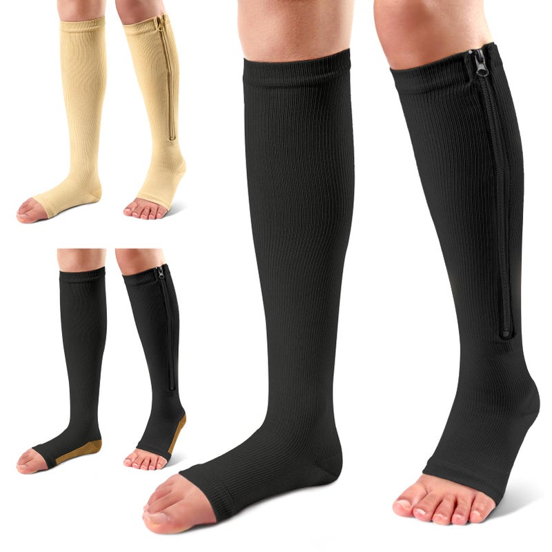 3 Pairs Compression Socks with Zipper 1520 mmHg Medical Knee High Compression Socks for Men Women Open Toe Socks for Varicose Veins Edema Recovery Blackbeigeblack Copper