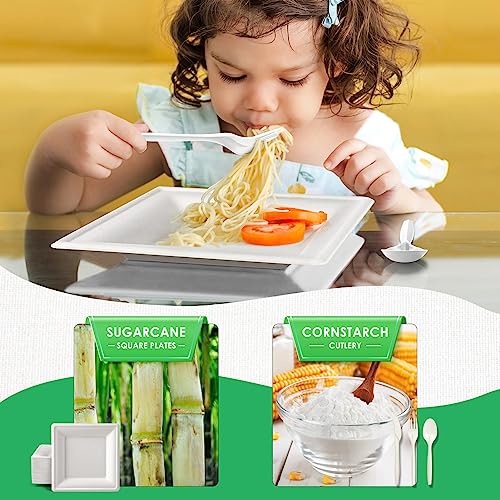 Gezond Compostable Paper Plates Set 300pcs Disposable Sugarcane Plates 10 Inch Eco-friendly White Square Plate with Napkins Biodegradable Heavy-duty Utensils for Party - Image 4