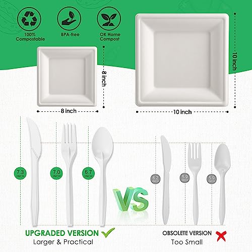 Gezond Compostable Paper Plates Set 300pcs Disposable Sugarcane Plates 10 Inch Eco-friendly White Square Plate with Napkins Biodegradable Heavy-duty Utensils for Party - Image 2