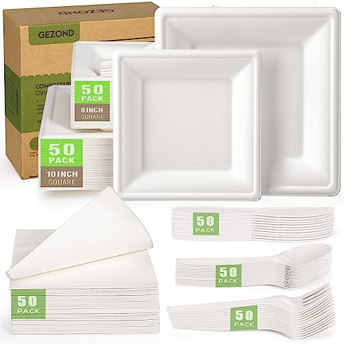 Gezond Compostable Paper Plates Set 300pcs Disposable Sugarcane Plates 10 Inch Eco-friendly White Square Plate with Napkins Biodegradable Heavy-duty Utensils for Party - Image 1