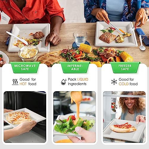Gezond Compostable Paper Plates Set 300pcs Disposable Sugarcane Plates 10 Inch Eco-friendly White Square Plate with Napkins Biodegradable Heavy-duty Utensils for Party - Image 5