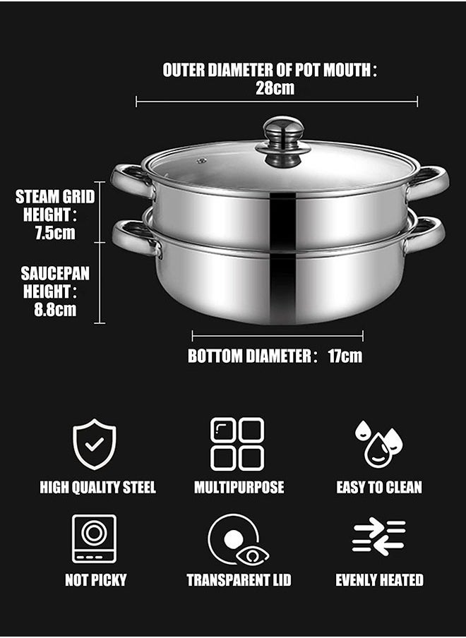 Occuwzz - 2-Tier Stainless Steel Steamer - Double Boiler Steaming Cookware with Glass Lid Handles On Both Sides Kitchen Cooking - Image 1