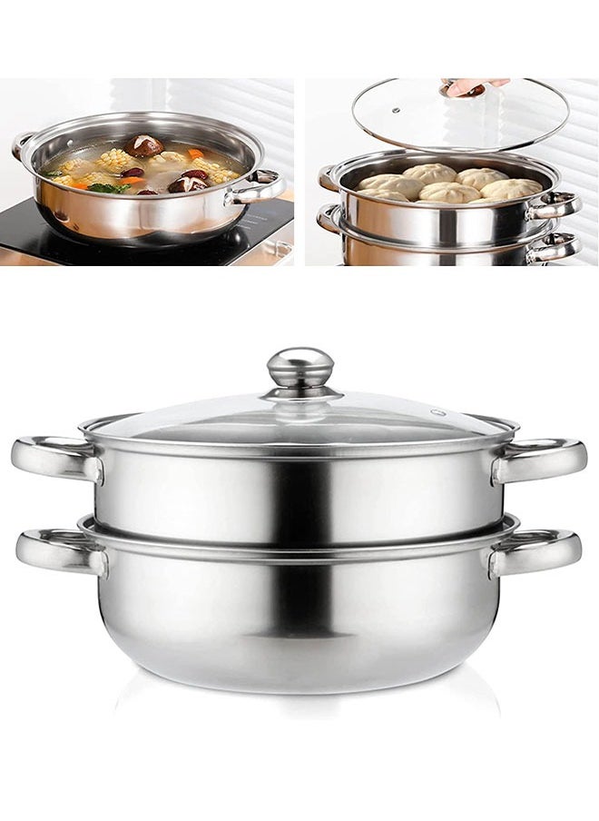 Occuwzz - 2-Tier Stainless Steel Steamer - Double Boiler Steaming Cookware with Glass Lid Handles On Both Sides Kitchen Cooking - Image 1