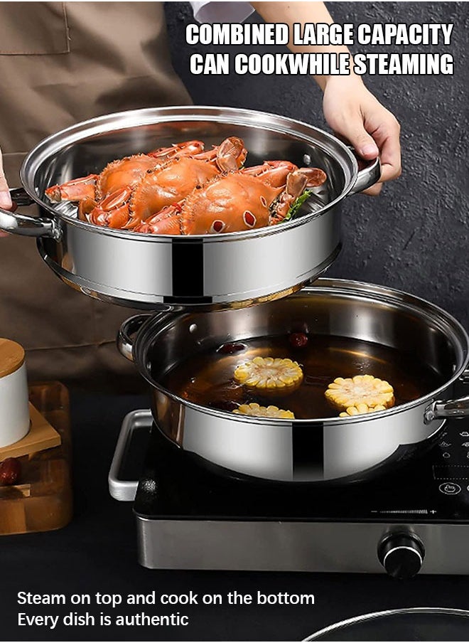 Occuwzz - 2-Tier Stainless Steel Steamer - Double Boiler Steaming Cookware with Glass Lid Handles On Both Sides Kitchen Cooking - Image 1