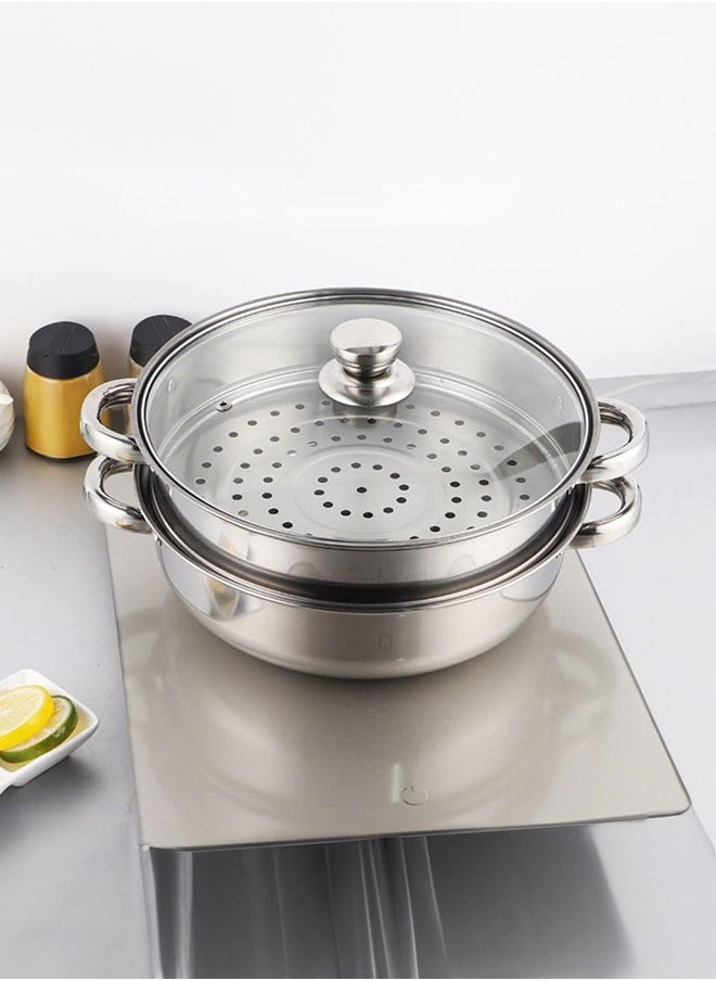 Occuwzz - 2-Tier Stainless Steel Steamer - Double Boiler Steaming Cookware with Glass Lid Handles On Both Sides Kitchen Cooking - Image 1