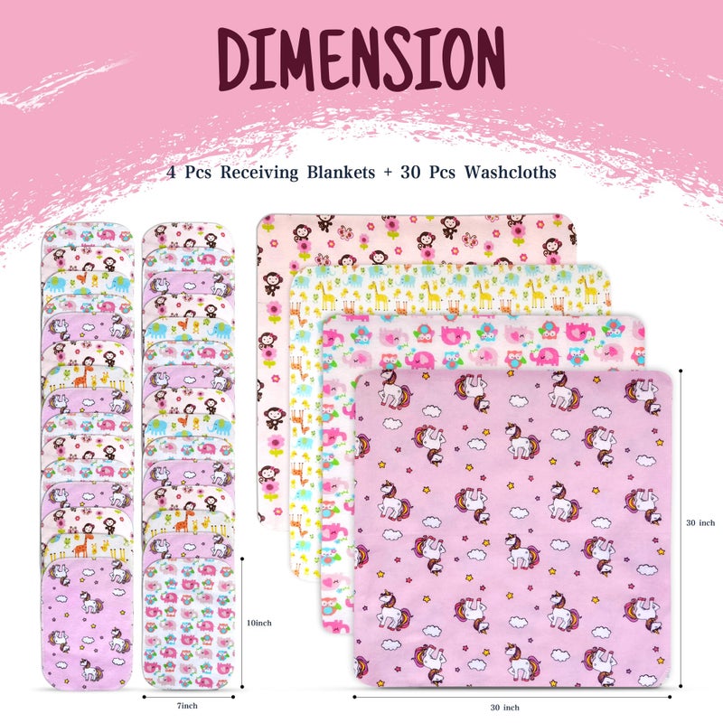 Omilion 34 Pack Baby Receiving Blanket Set: 4 Flannel Cotton Blankets (30" x 30") & 30 Infant Washcloths - Mixed Patterns - Image 3